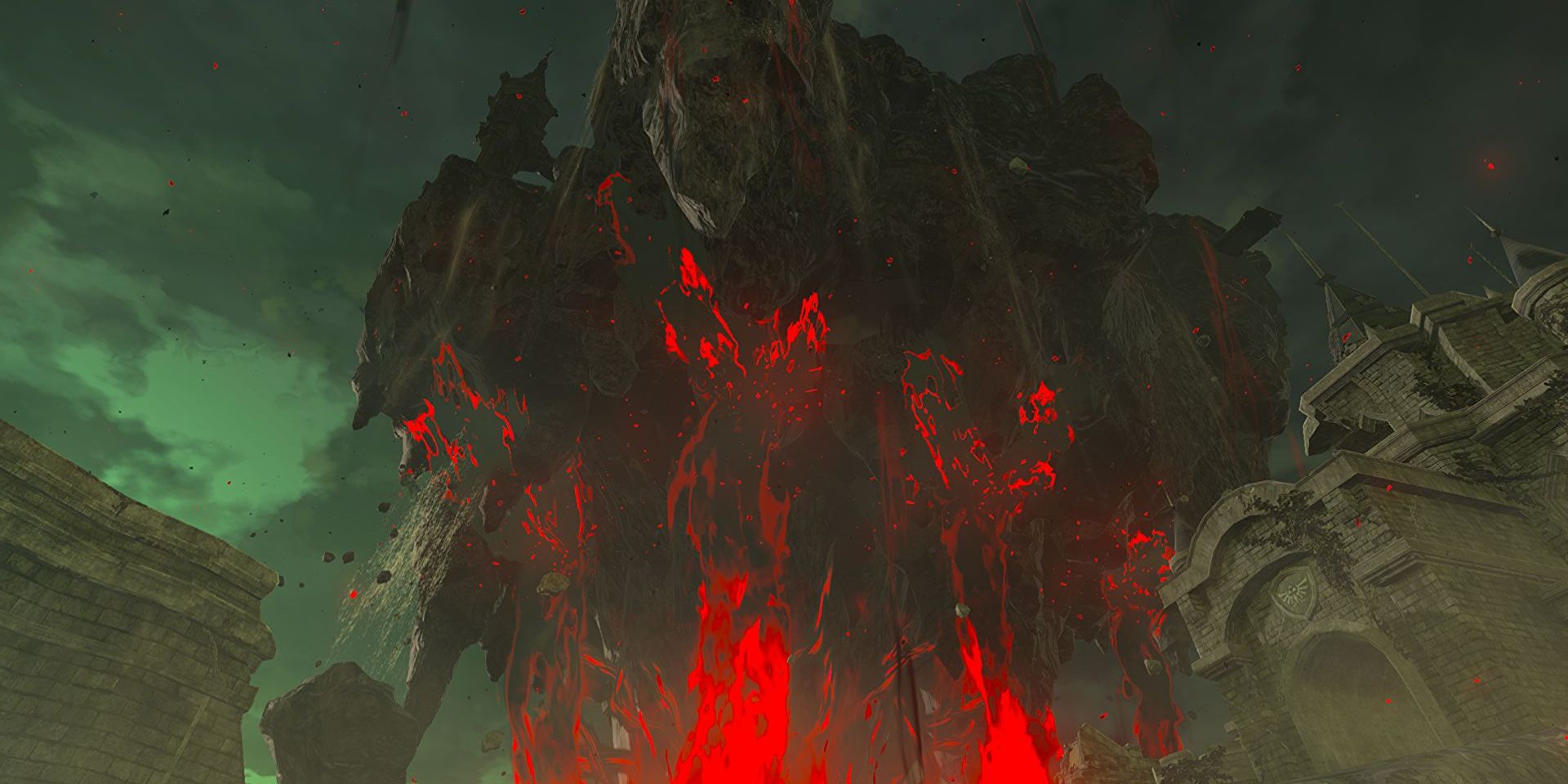 Red lava erupts among ruined stone duneons in The Legend of Zelda: The Breath of the Wild 2.