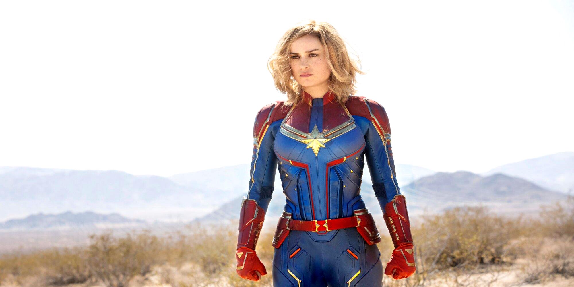 Carol Danvers in her Captain Marvel suit in the desert