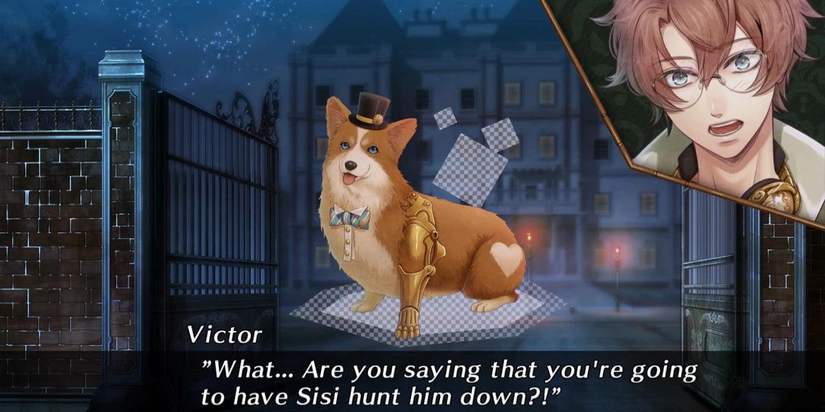 Victor speaks to a corgi wearing a top hat in 