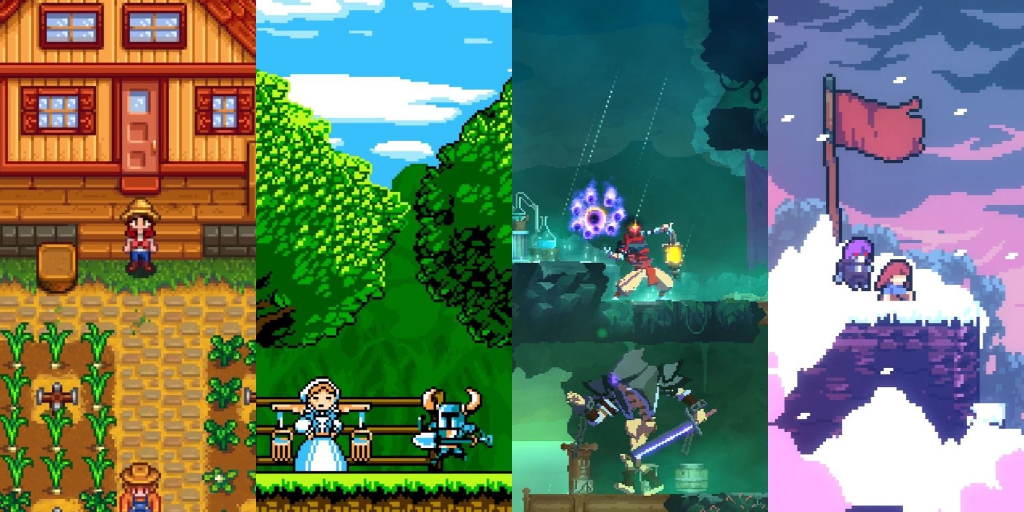 Combined Images From The Games Stardew Valley Shovel Knight Dead Cells And Celeste 