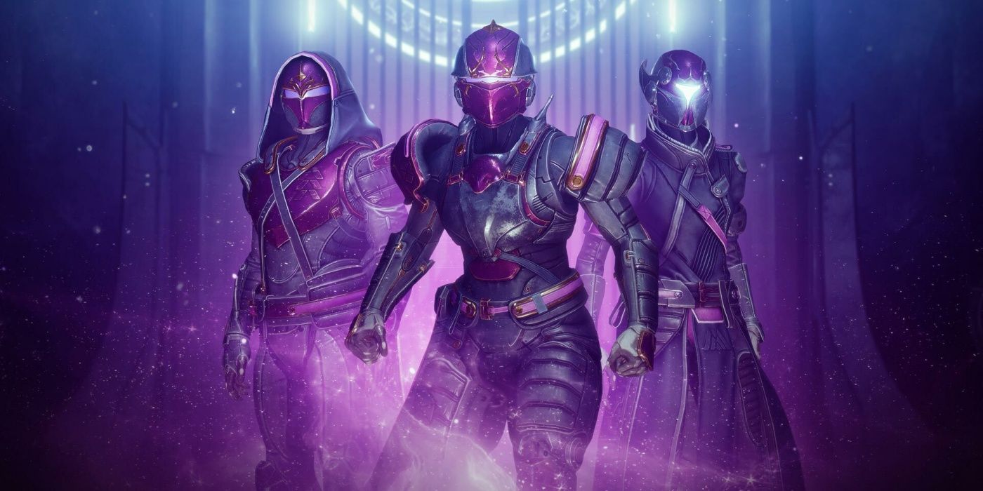 A trio of characters stand in front of a purple background from Destiny 2