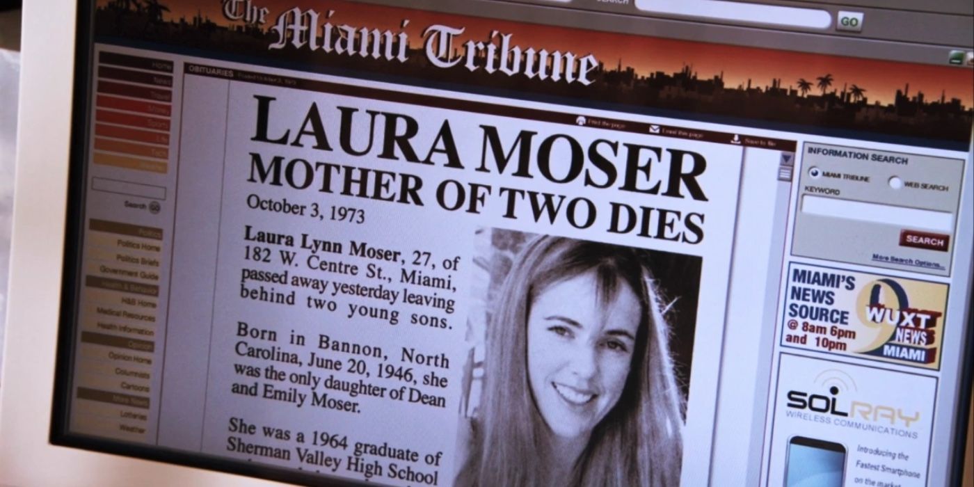An image of the newspaper article about Laura Moser's death on Dexter.