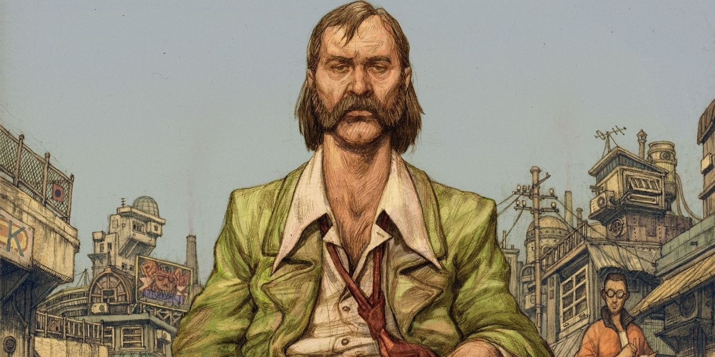 A man sits and looks at the camera in Disco Elysium