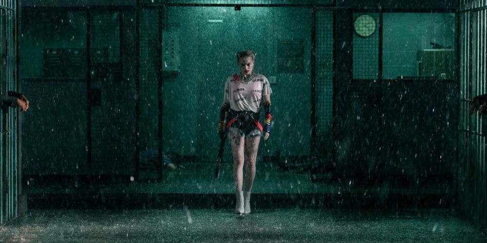 Harley walking under sprinklers in Birds of Prey