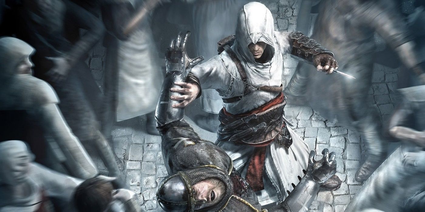 Altair assassinates a target in the middle of a startled crowd in the original Assassin's Creed.