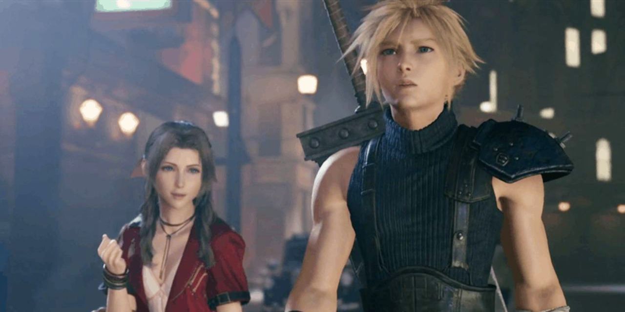 Aerith looks at Cloud in the Final Fantasy VII Remake.