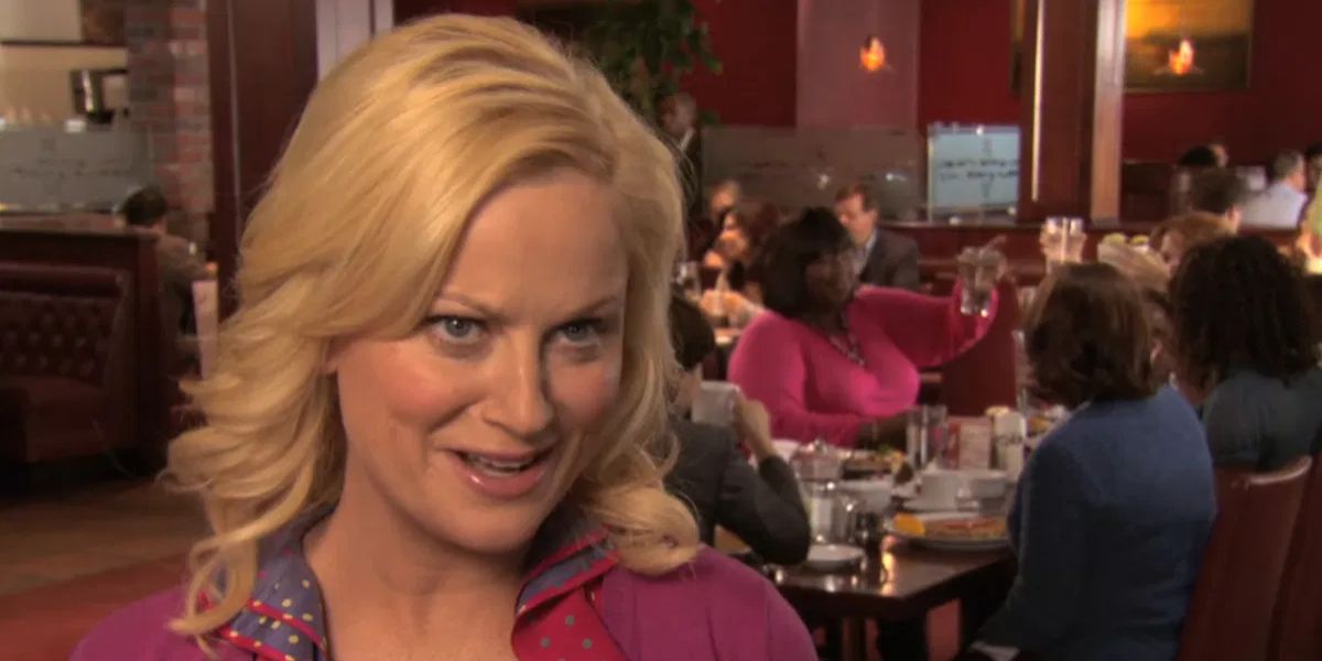 Leslie speaks to the camera as the ladies have dinner behind her in Parks and Recreation.