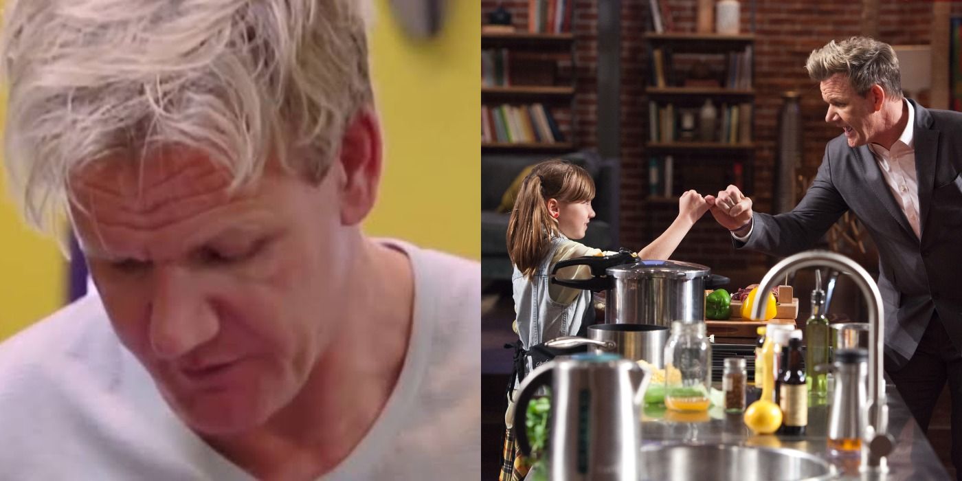 Gordon Ramsay looking down, and Gordon holding hands with a young chef on Masterchef Jr.