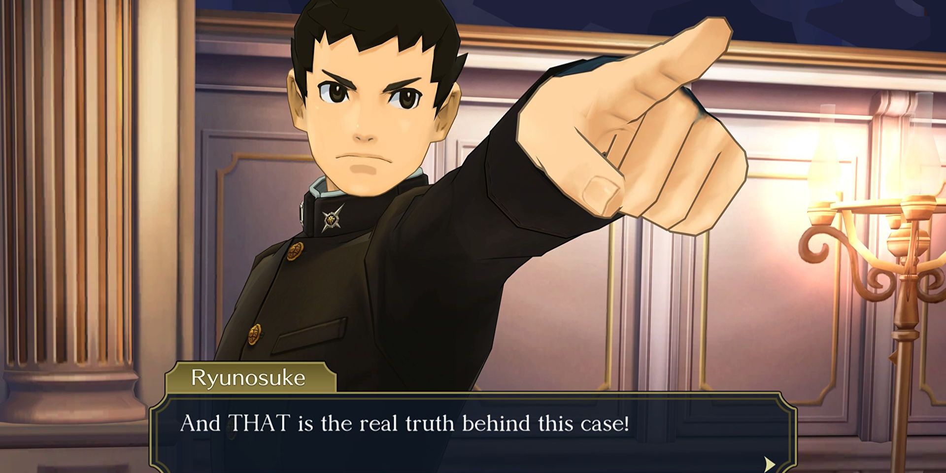 Ryunosuke points as he makes a declarative staement in the courtroom in Ace Attorney.