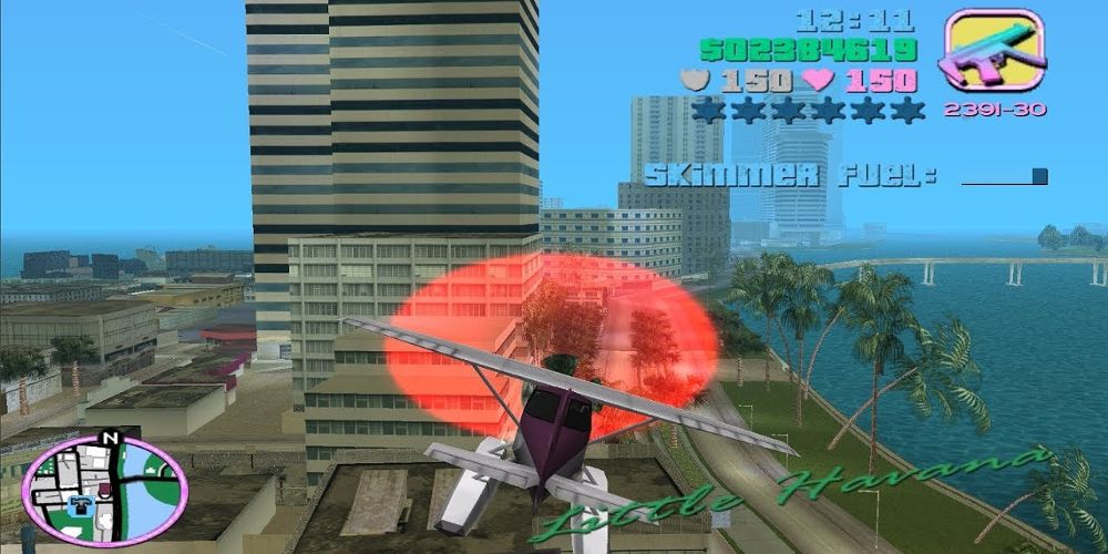 A plane flies through pink circle in Grand Theft Auto: Vice City