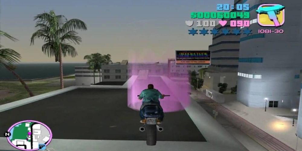 Tommy rides bike throug pink circle in Grand Theft Auto: Vice City