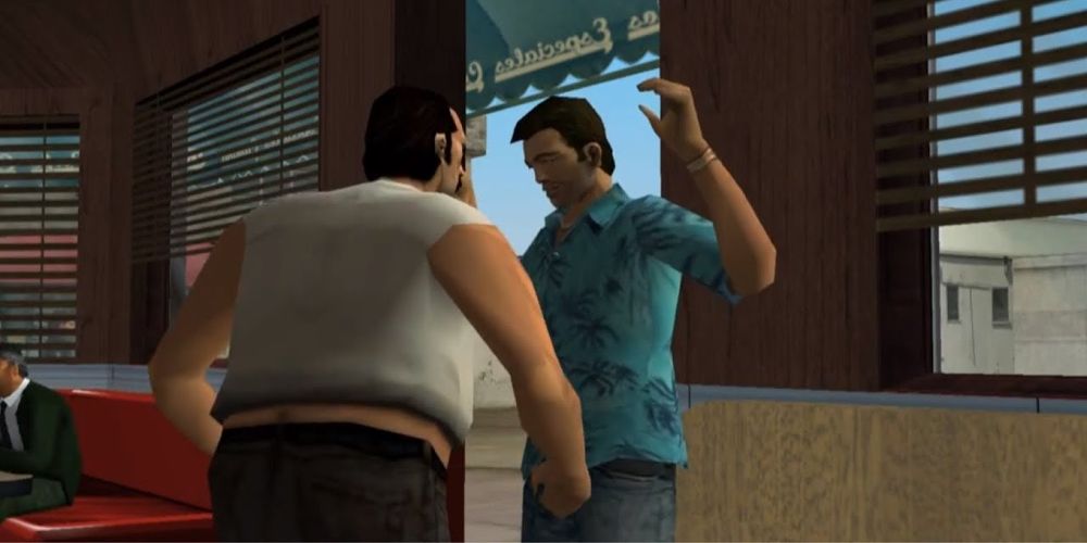 Tommy holds his arms up in Grand Theft Auto: Vice City