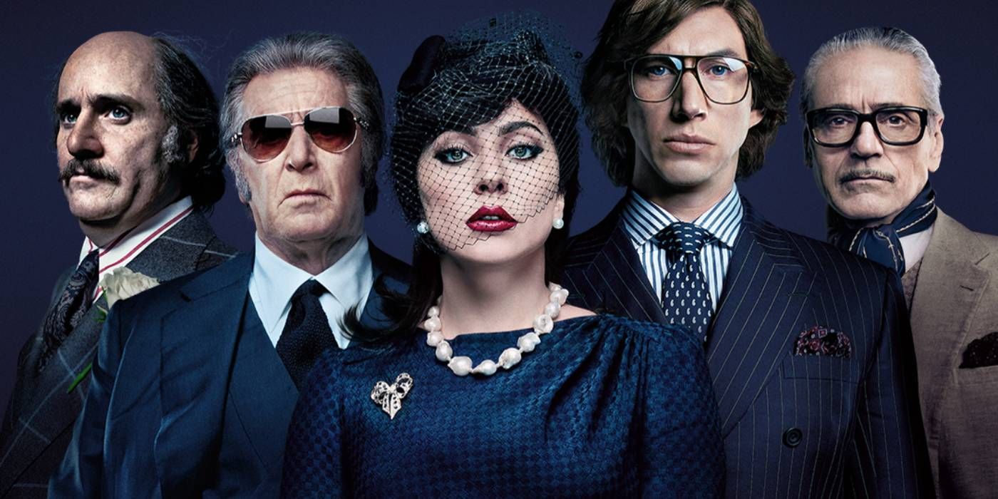 Jared Leto, Al Pacino, Lady Gaga, Adam Driver, and Jeremy Irons as the cast of House of Gucci
