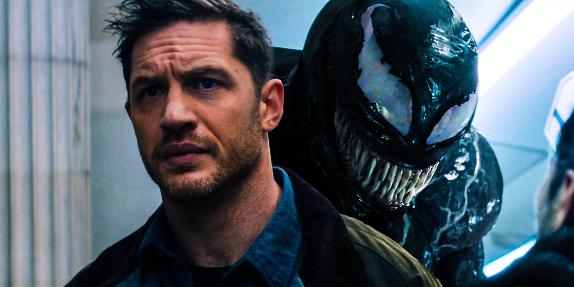 Split image of Venom over Eddie Brock's shoulder