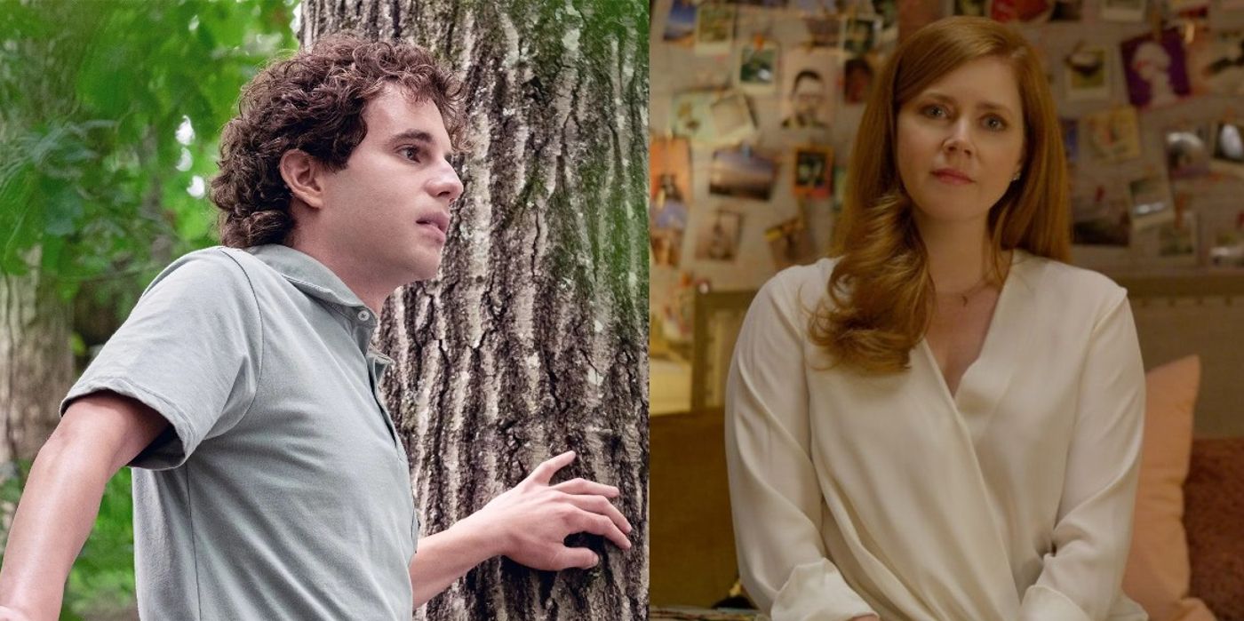 Split image: Evan stands in a tree and Cynthia sits on Zoe's bed in Dear Evan Hansen