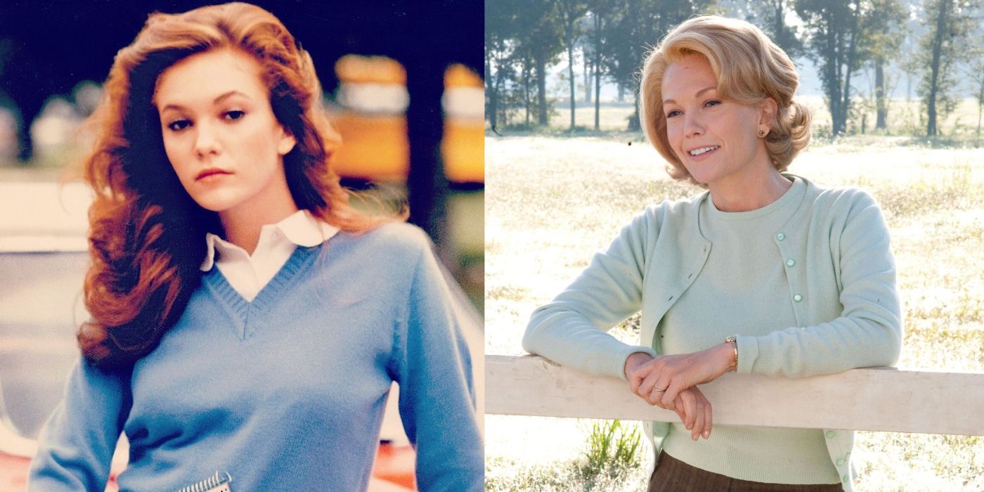 Cherry wears a blue sweater in The Outsiders and Penny poses by a fence in Secretariat