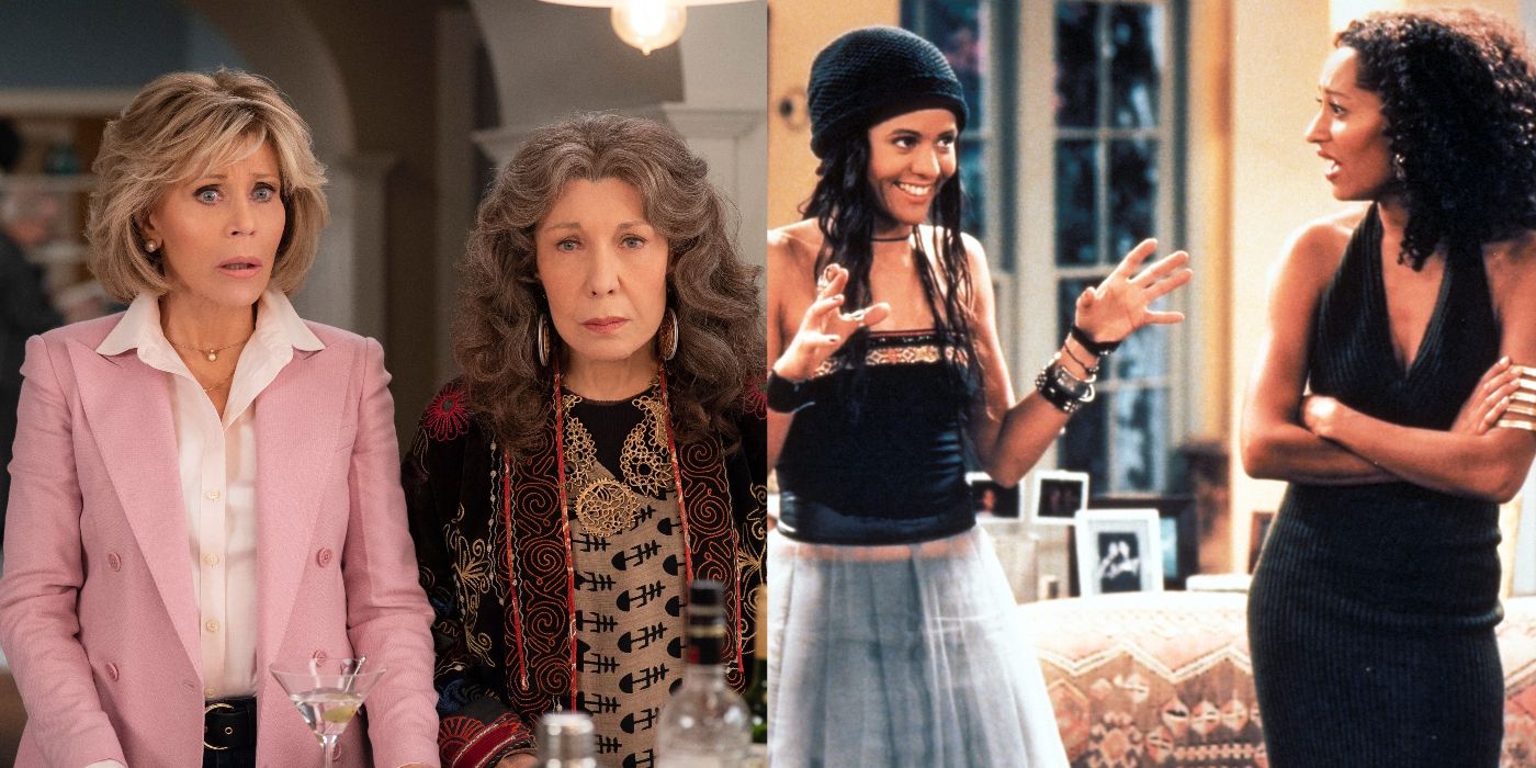 Grace and Frankie give a stunned reaction side by side in Grace & Frankie and Joan looks at Lynn with disgust in Girlfriends