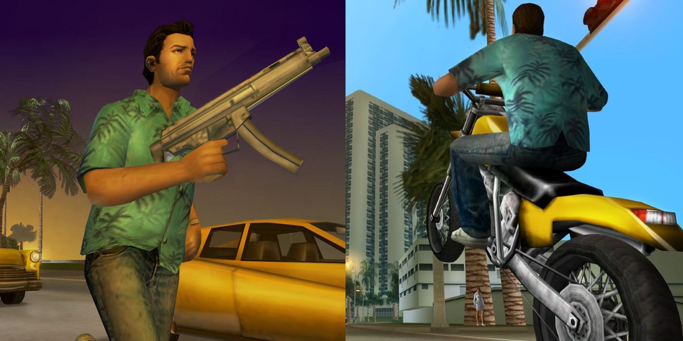 Tommy wields a machine gun and pops a wheelie on a motorcycle in Grand Theft Auto: Vice City
