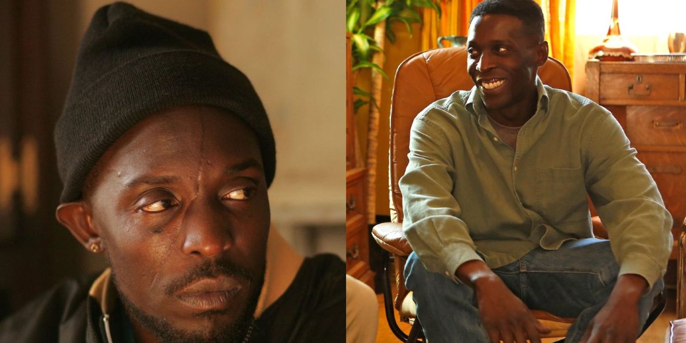 Split image of Omar Little looking to his left in The Wire and Ken Jones smiling in When We Rise..