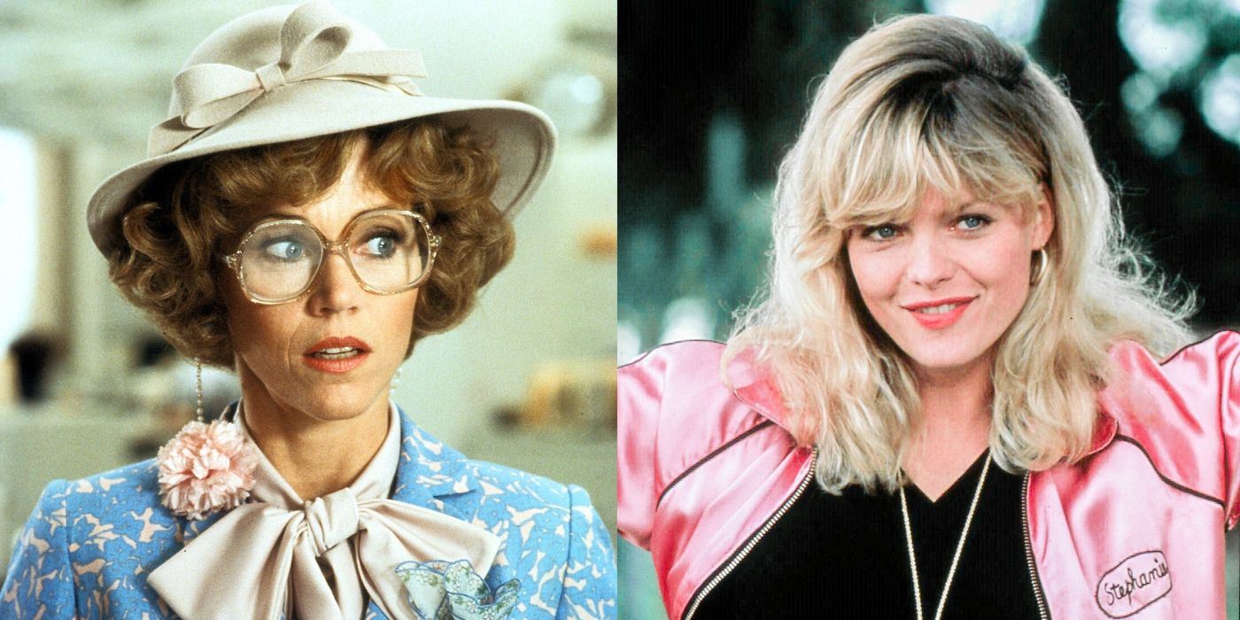 Split image: Judy wears a bonnet in 9 to 5 and Stephanie poses in her Pink Lady jacket in Grease 2