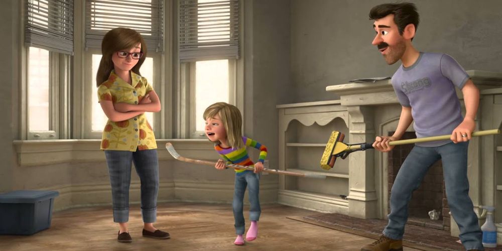 Riley plays indoor hockey with her mom and dad in Inside Out