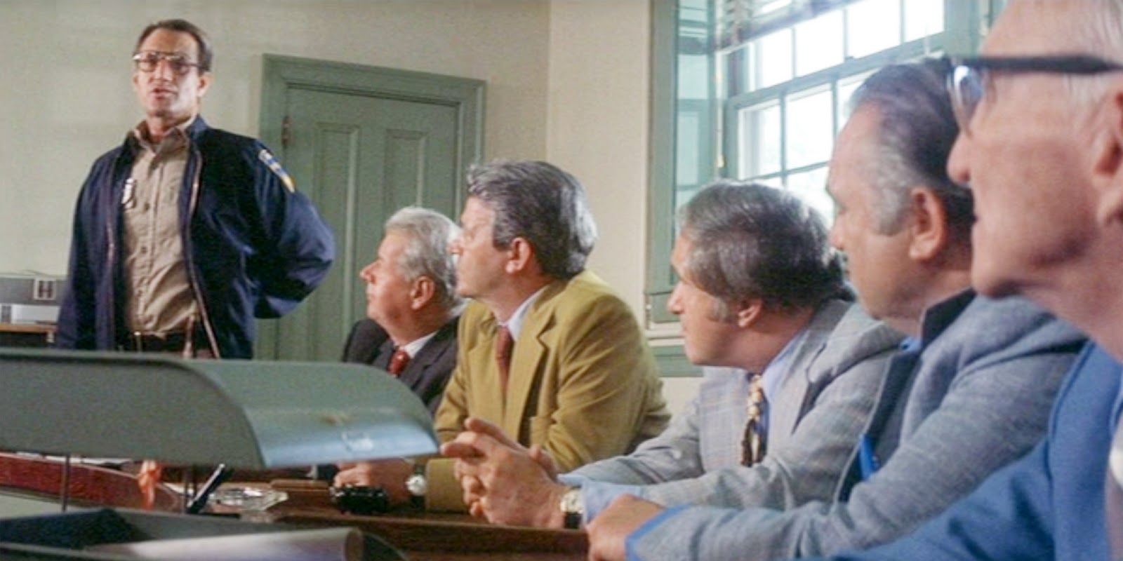 Brody speaks at the town hall in Jaws