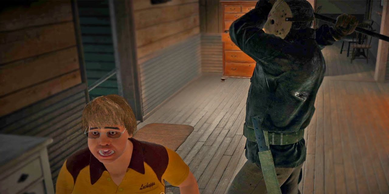 Eric LaChappa screams in terror as Jason raises his spear in Friday the 13th: The Game.