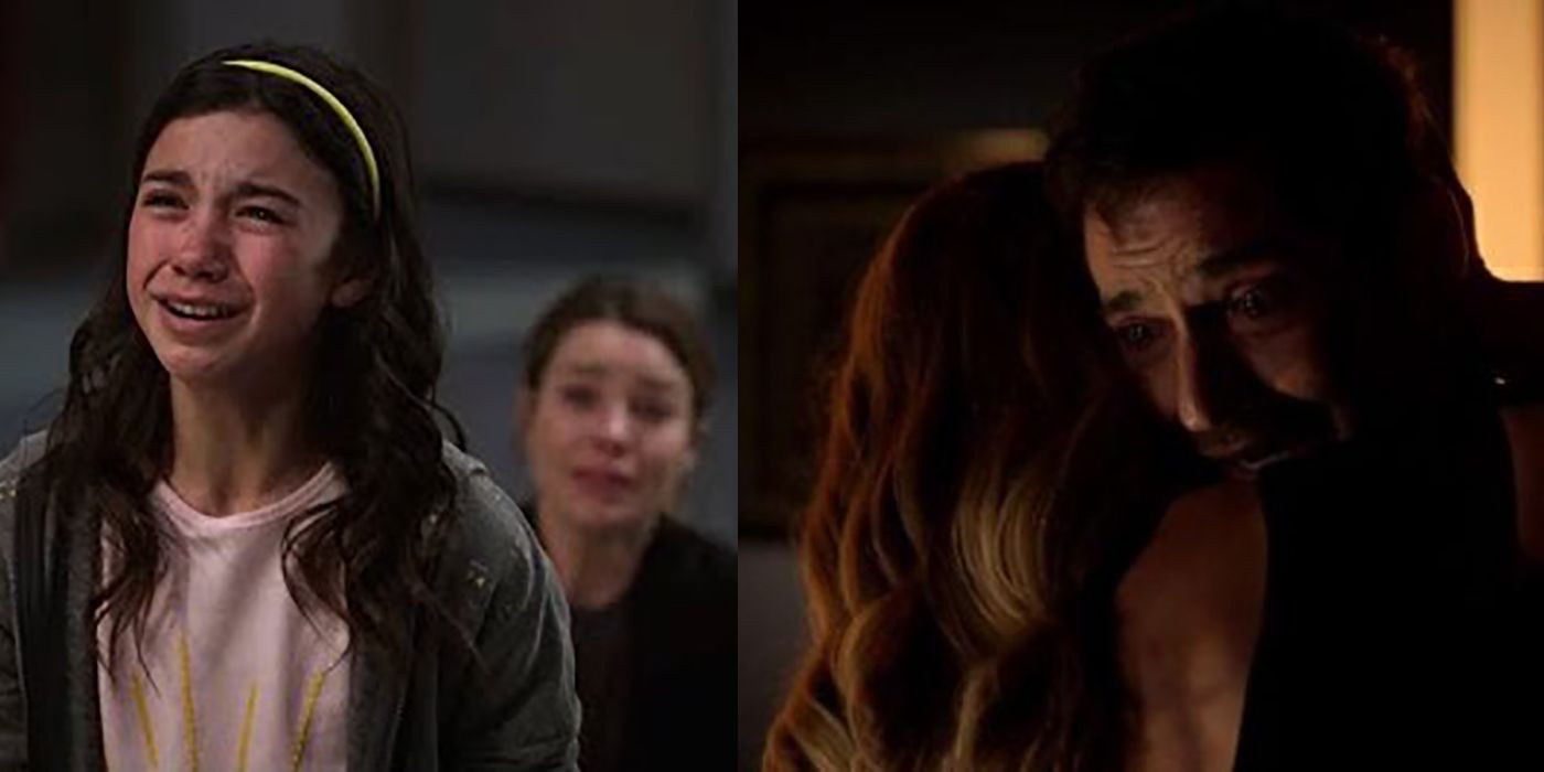 A split image of Trixie crying and Lucifer crying and hugging Goddess in Lucifer.