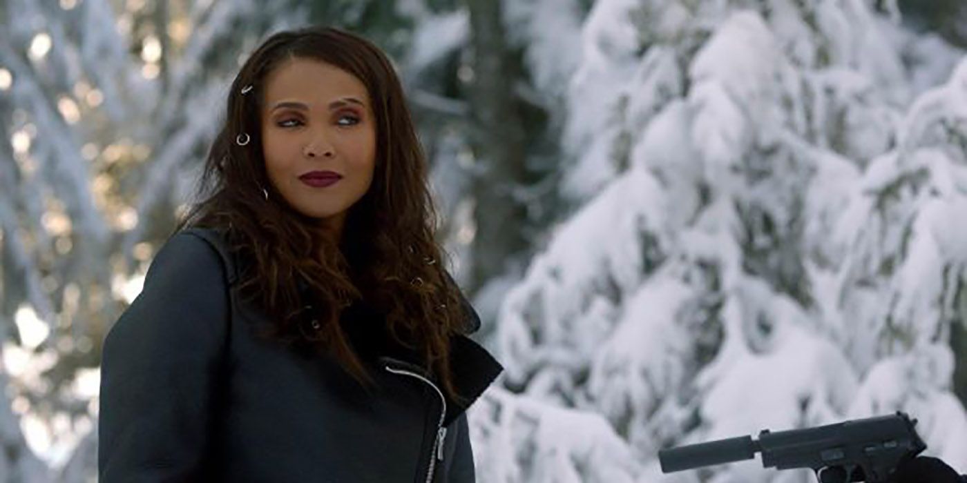 Maze from Lucifer standing in the snow with soft, flowing hair.
