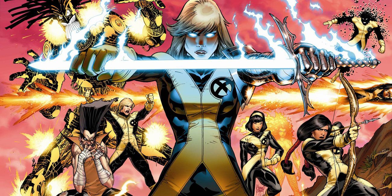 Magik holds her Soulsword while the New Mutants prepare for battle behind her in Marvel Comics.