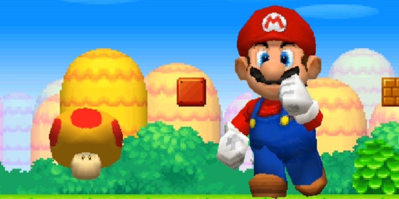 A giant Mario walks toward the screen in the DS game New Super Mario Bros.