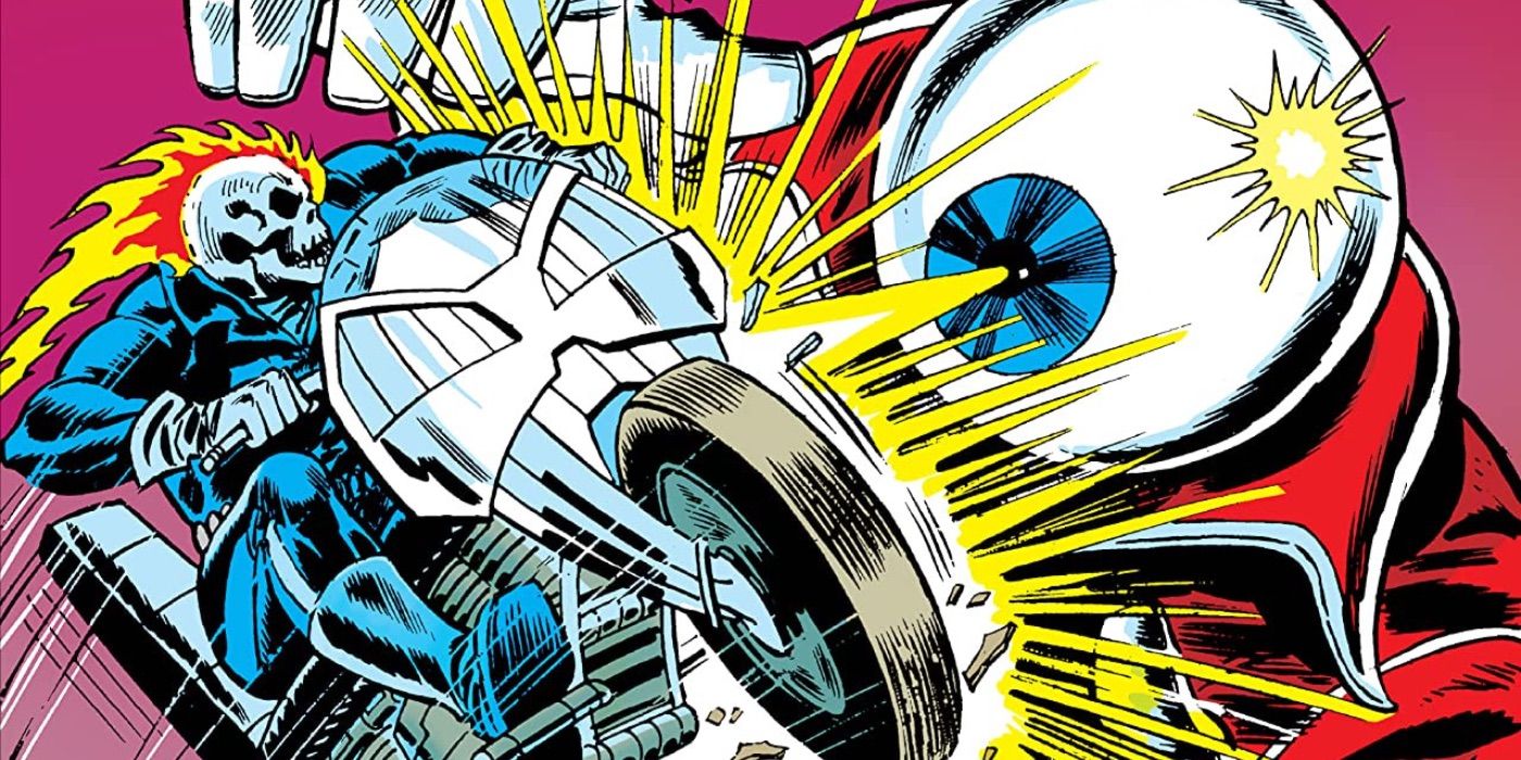 The Orb fires a laser out of his eye, hitting the Johnny Blaze Ghost Rider as he rides his bike.