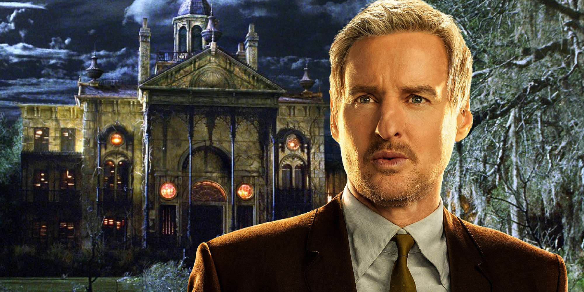 Owen Wilson as Mobius in Loki with a Haunted Mansion background