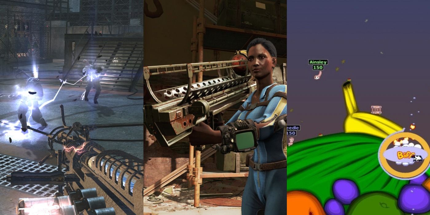 Screenshots from the video games Call of Duty World at War, Fallout 4, and Worms Armageddon.
