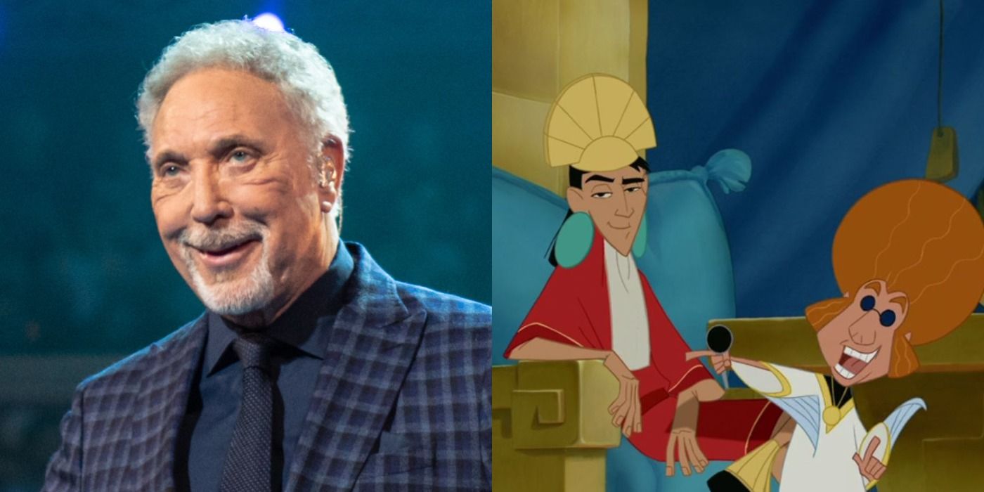 Split image of Tom Jones and Kuzco and Theme Song Guy in The Emperor's New Groove