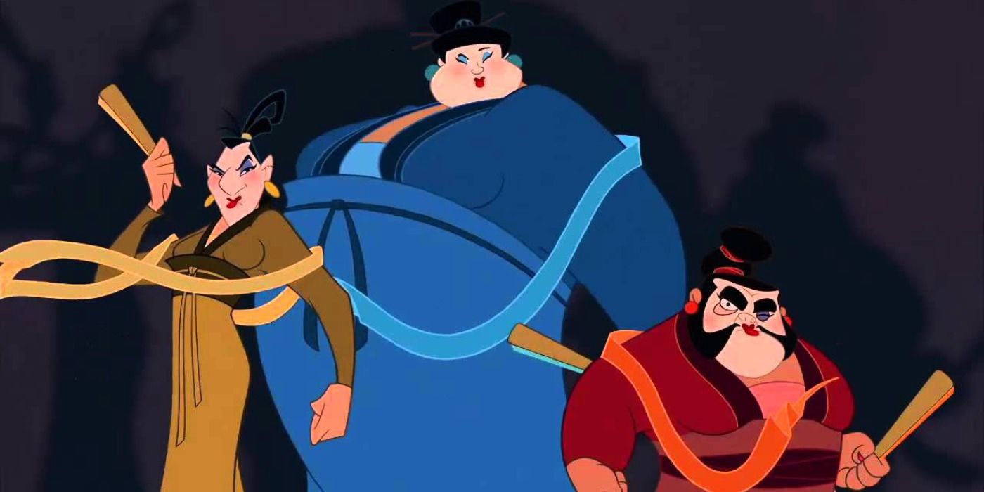 Ling, Chien Po and Yao in dresses bearing fans in Mulan