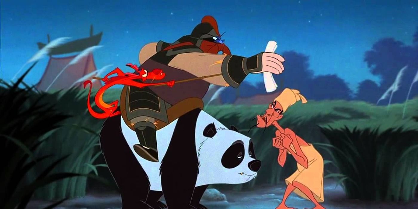 Mushu on a panda talking to Chi-Fu in Mulan.