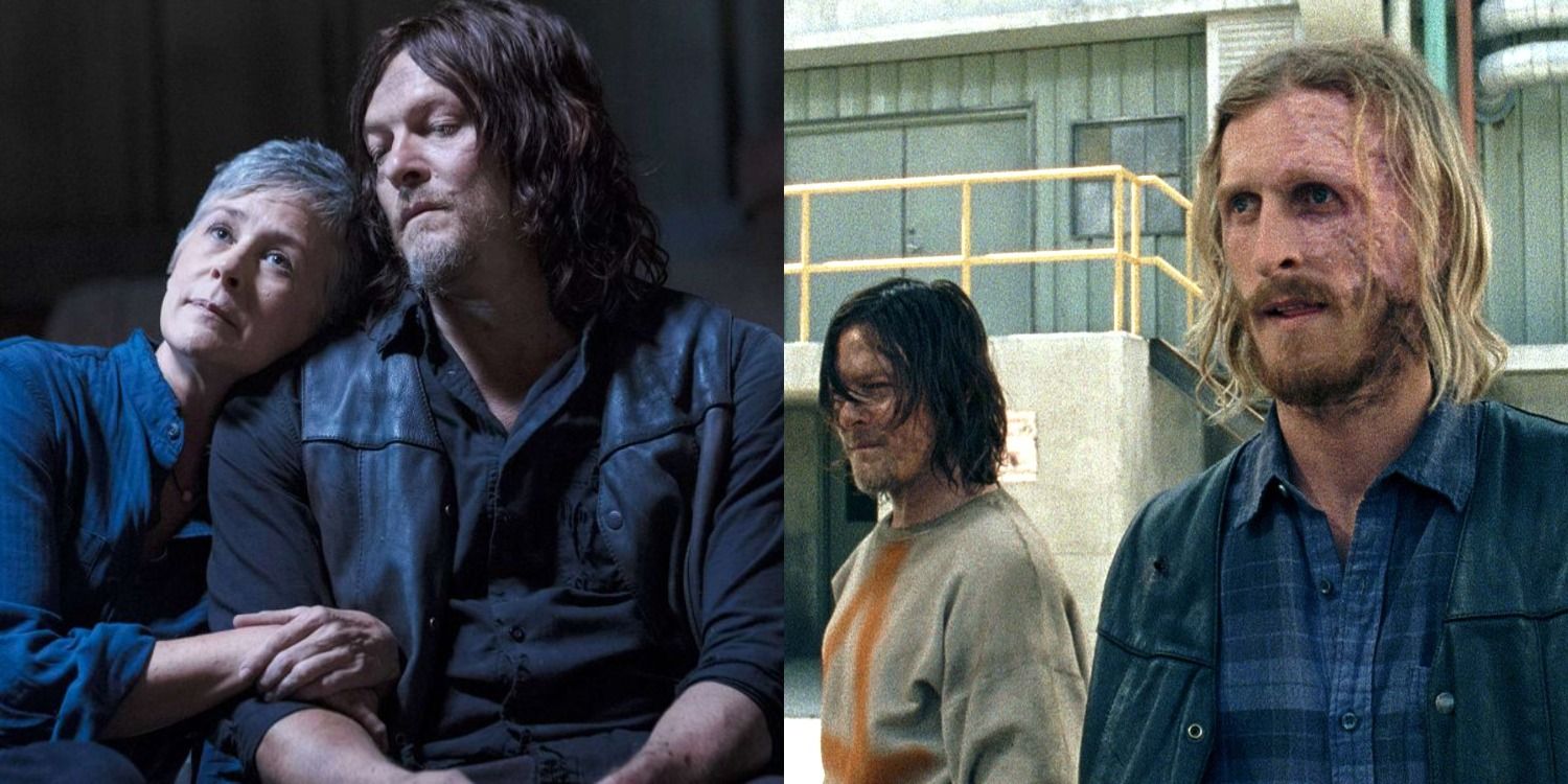 Split image of Daryl Dixon with Carol and Dwight in The Walking Dead
