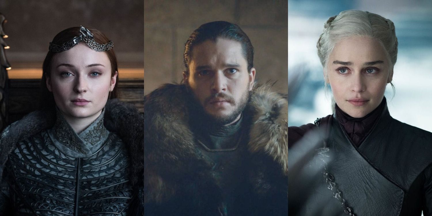 Split image of Sansa Stark, Jon Snow, and Daenerys Targaryen in Game of Thrones