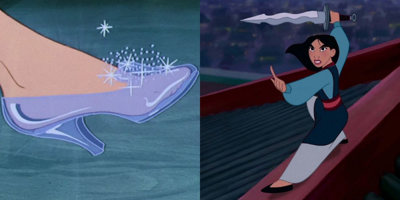 Cinderella's glass slipper on left, Mulan's battle outfit on right Disney princess outfits impractical