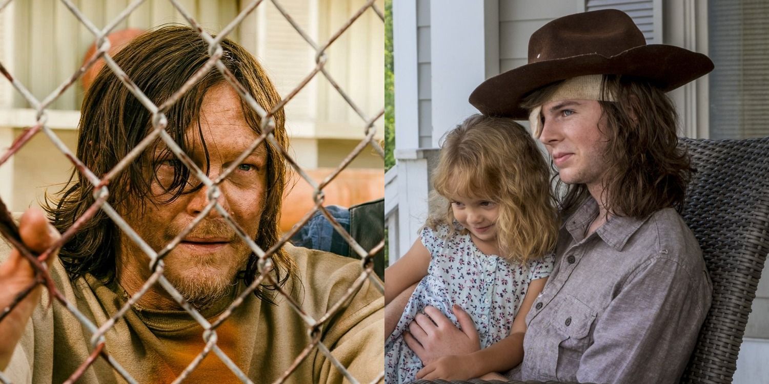 Split image of Daryl Dixon and Judith and Carl Grimes in The Walking Dead
