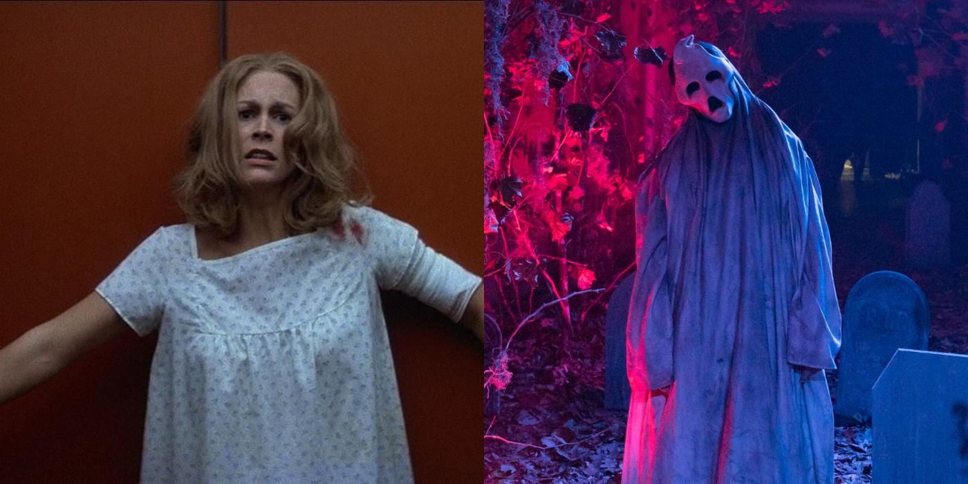 Split image of Laurie Strode in Halloween 2 and a masked figure in Haunt