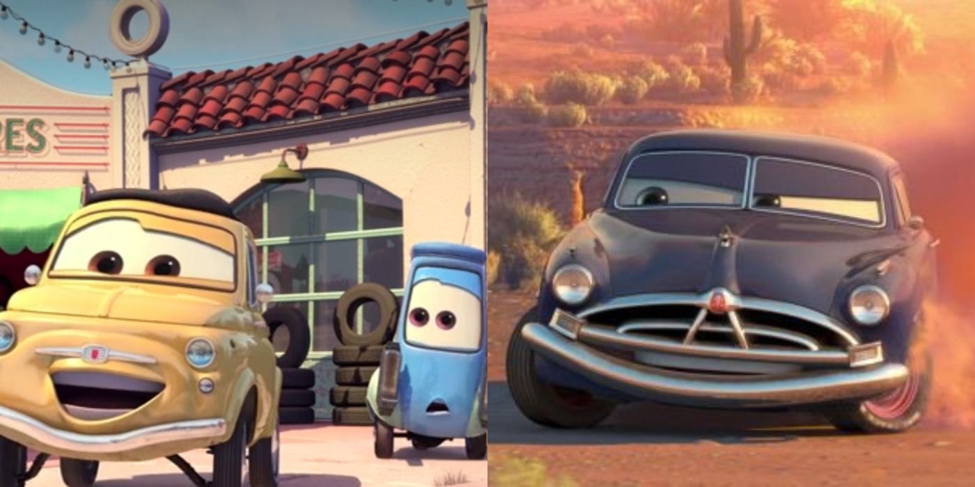 An split image of Luigi and Guido, and Doc in Cars