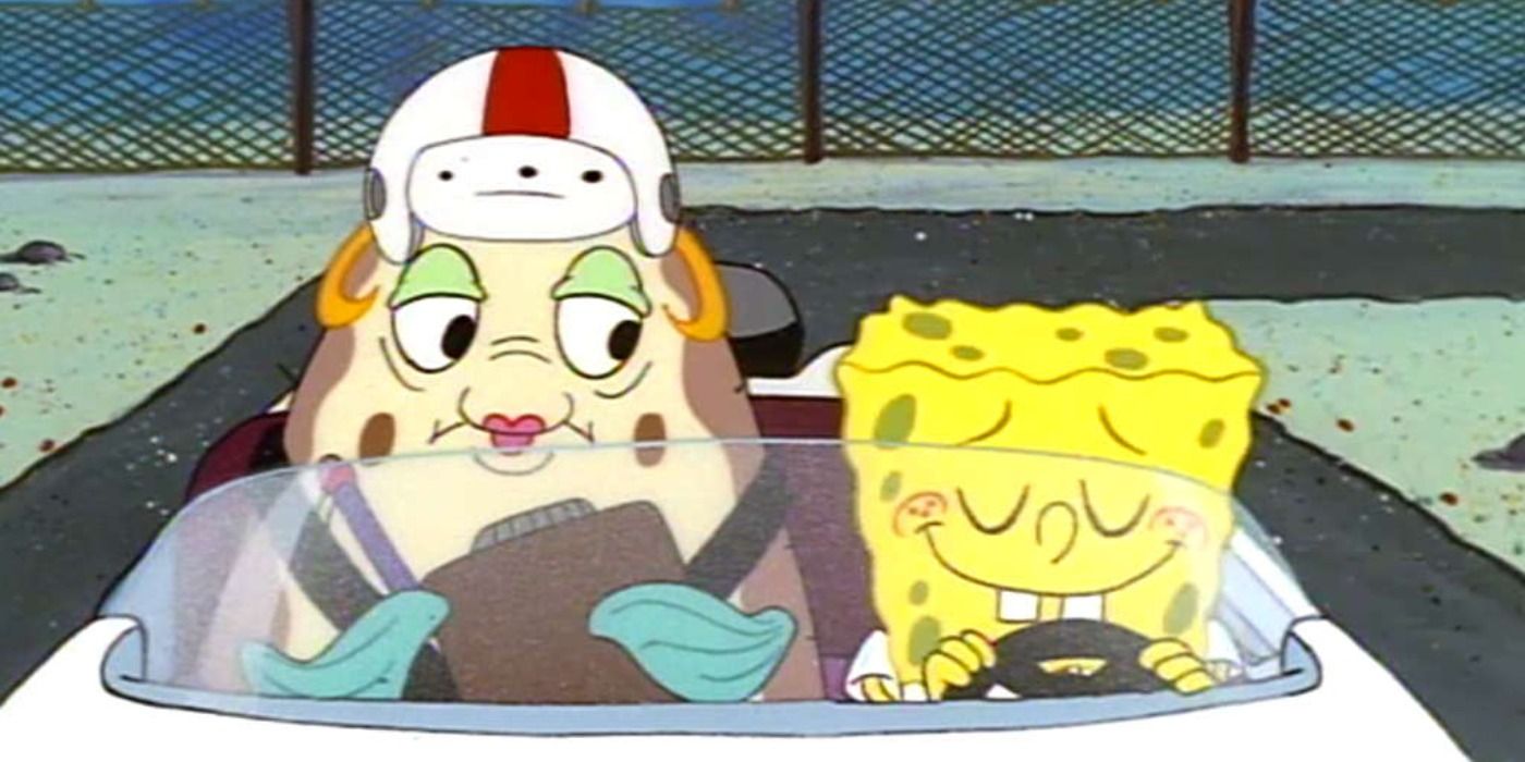 Mrs. Puff sitting with SpongeBob in a boat in SpongeBob
