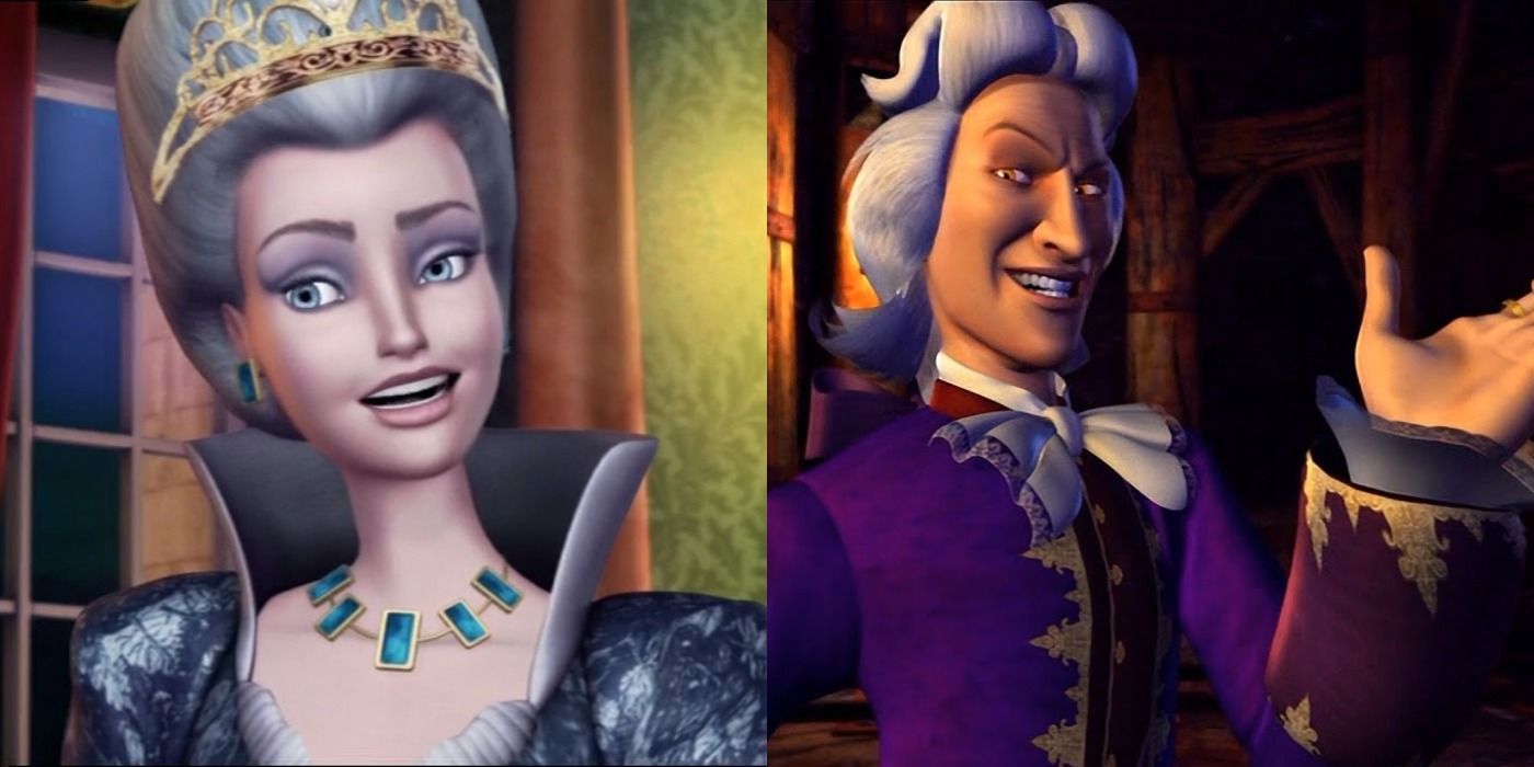 Duchess Rowena on left, Preminger on right Barbie villains split image