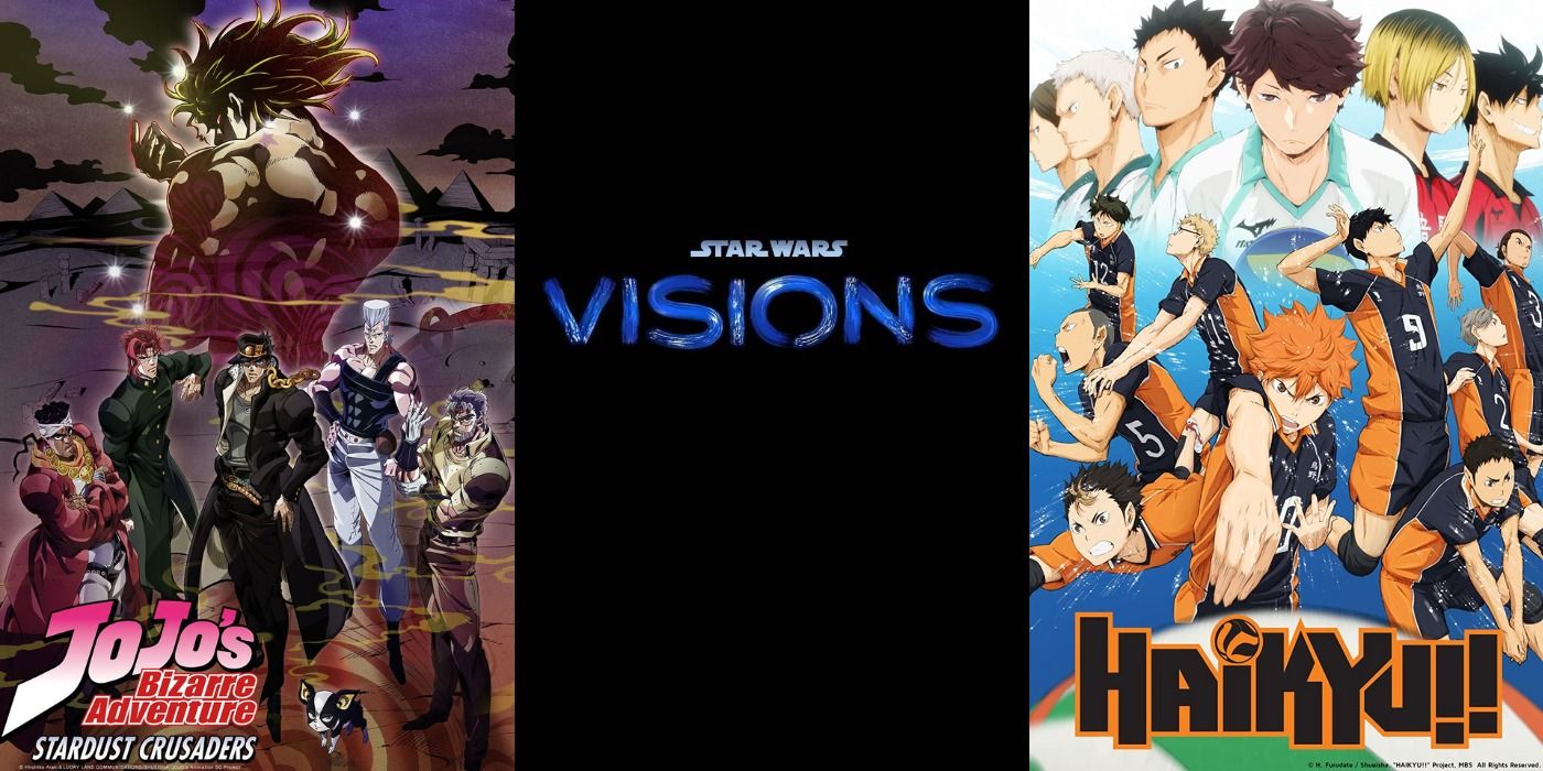 Promo art for Stardust Crusaders, Star Wars: Visions, and Haikyuu!!