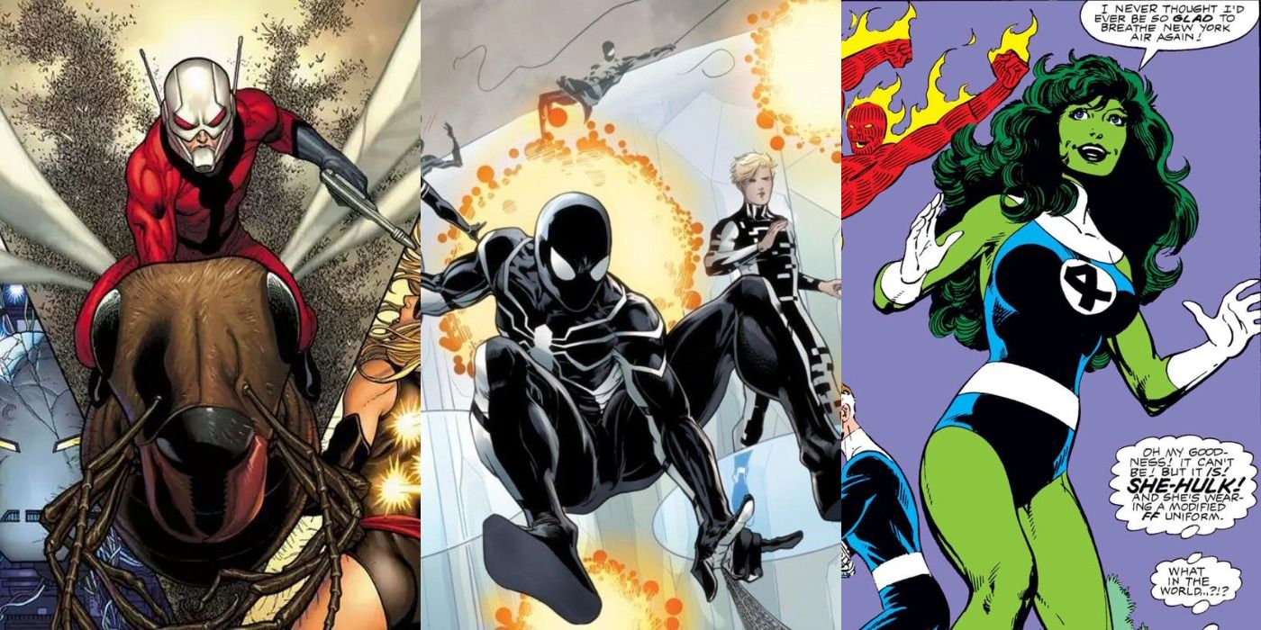 Split image of Scott Lang Ant-Man, Spider-Man in his black costume, & She-Hulk.