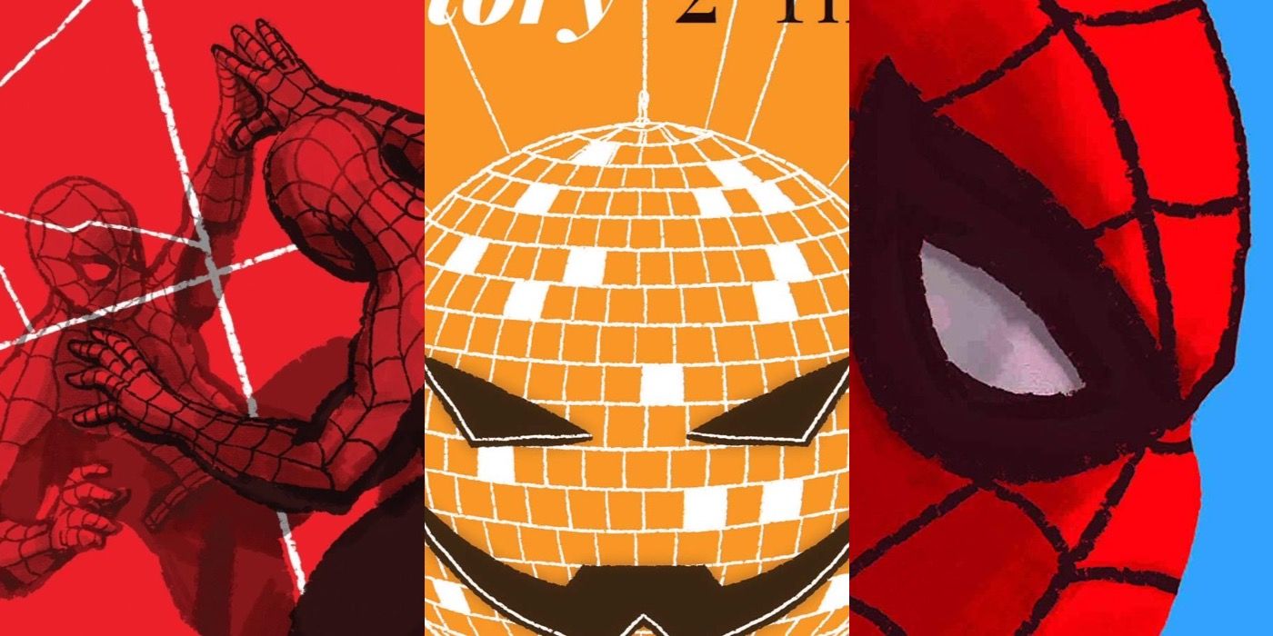 Three covers from Spider-Man Life Story with the first being Spider-Man on the side of a building looking at his reflection, the second a disco ball with a jack-o-lantern grin, and the third a profile of Spider-Man.