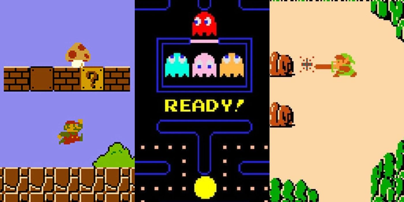 Collage of 1980s video games Super Mario Bros, Pac-Man, and The Legend of Zelda.