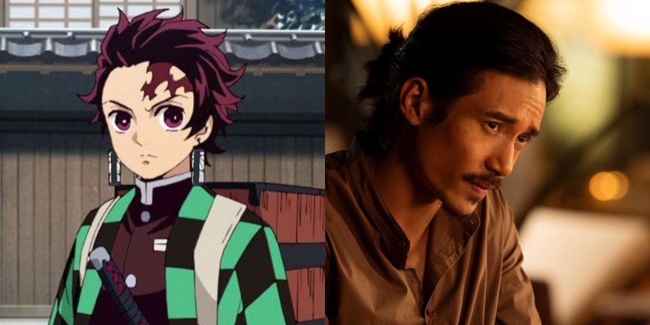 A split image of Tanjiro Kamado of Demon slayer and on right Manny Jacinto as Yao in Nine Perfect Strangers